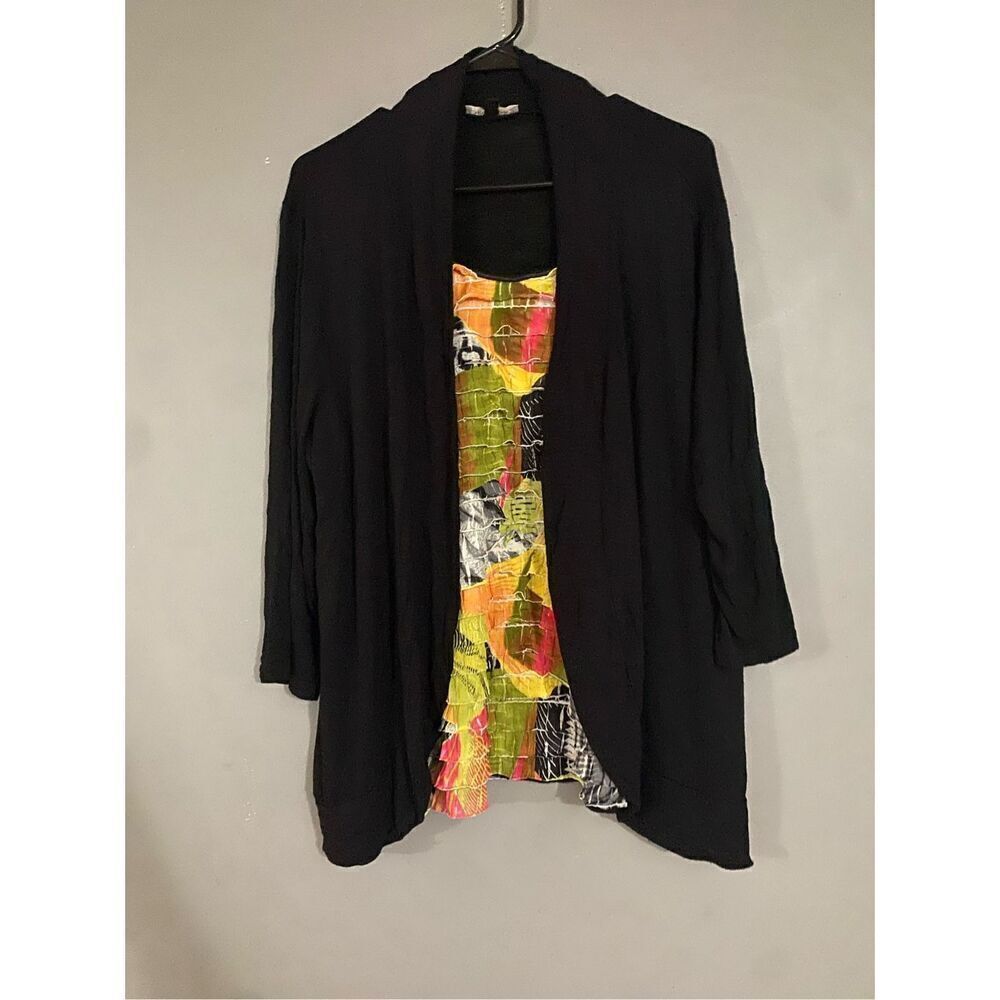 Notations Black Multicolored Cardigan Built In Tank 3/4 Sleeve Size 1X
